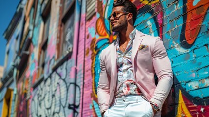 a handsome man in pastel pink suit and floral shirt is posing against a wall covered with grafitti