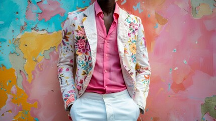 a black man is posing in pink shirt, white trousers and floral jacket, in fashionable 90s style