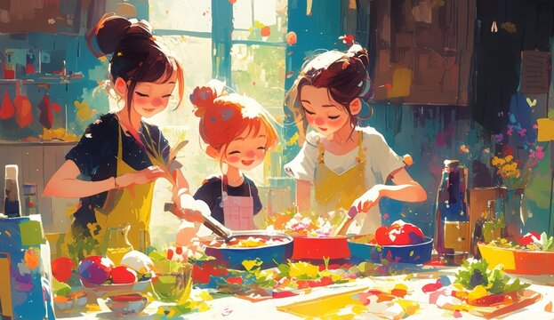 A group of friends cooking together, surrounded by colorful ingredients