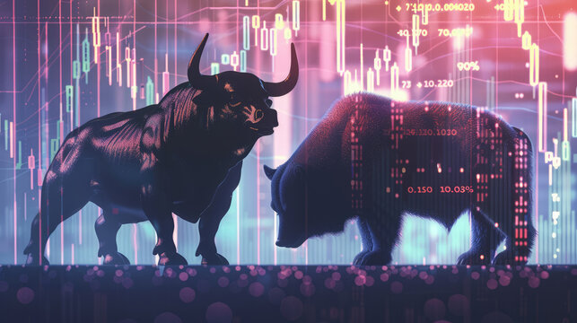 Bull and bear background. Double exposure of bull and bearish stock market. Cryptocurrency, finance, forex concept banner