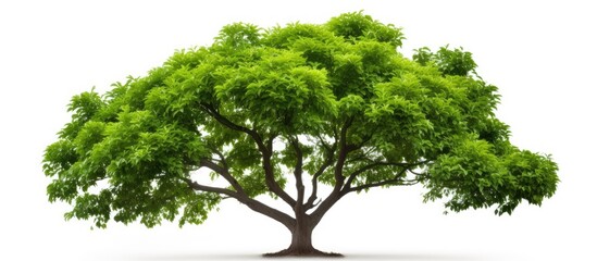 A tall tree with abundant green leaves stands out against a white backdrop, creating a natural landscape. Its trunk and branches are filled with lush foliage, resembling a giant houseplant