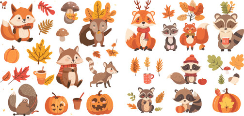 Fall squirrel, funny bear and cute autumnal fox