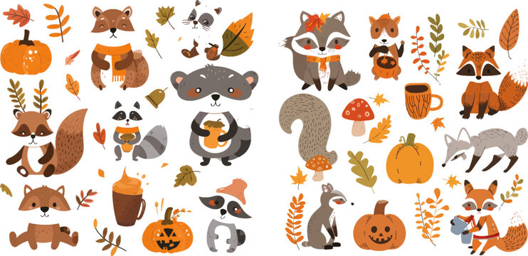 Fallen leaves, deer bear raccoon animal in autumn clothes, pumpkin mushroom and cups