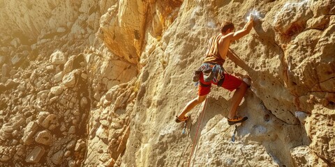 Obraz premium A man rock climbing on a challenging cliff face. 