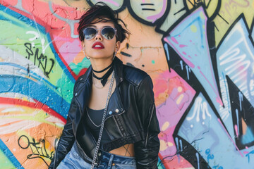 A young woman with short hair and a confident expression, is standing in front of a graffiti wall