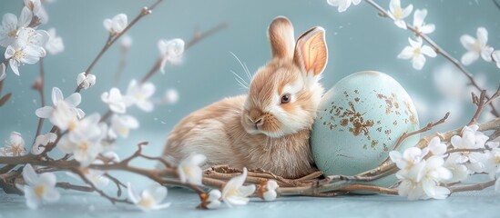 Naklejka na ściany i meble Charming Bunny Hatchling Emerging from Egg Amidst Lovely Willow Branches and Delicate Floral Arrangement on Serene Pastel Canvas