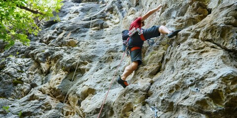 A man rock climbing on a challenging cliff face. 
