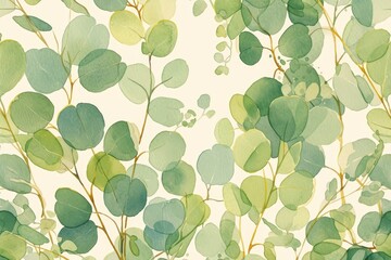 A closeup of eucalyptus leaves in watercolor, with vibrant green hues and delicate details. 