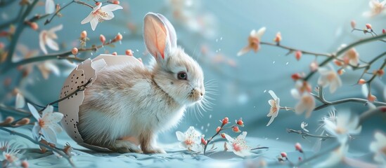 Delightful Rabbit Hatchling Emerging from Egg Amidst Tranquil Pastel Backdrop with Willow Branches and Flowers