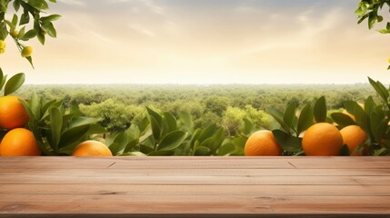 Empty wood table with free space over orange trees, orange field background. For product display montage - generative ai