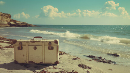 Vintage Suitcases on beach - obrazy, fototapety, plakaty