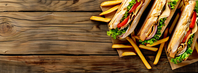 Sandwich with french fries on wooden background