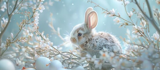 Captivating Rabbit Hatchling Emerging from Egg amid Elegant Willow Branches and Blooming Flowers in Pastel Blue Dreamscape