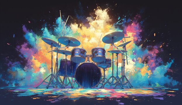 A drum set surrounded by colorful smoke on black background, colorful paint explosion 