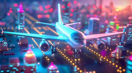 A large commercial airplane takes off at night from a runway in a city with bright lights.