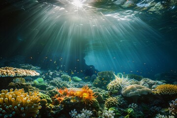 Fototapeta na wymiar Underwater Beauty of a Sunlit Coral Landscape