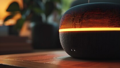 Close-up of a modern aroma diffuser on a wooden table with a blurred background - obrazy, fototapety, plakaty