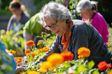 Joyful Elder Gardener Cultivating Community Flowerbeds - Powered by Adobe