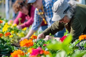 Active Seniors Working Together in Sunny Flower Garden