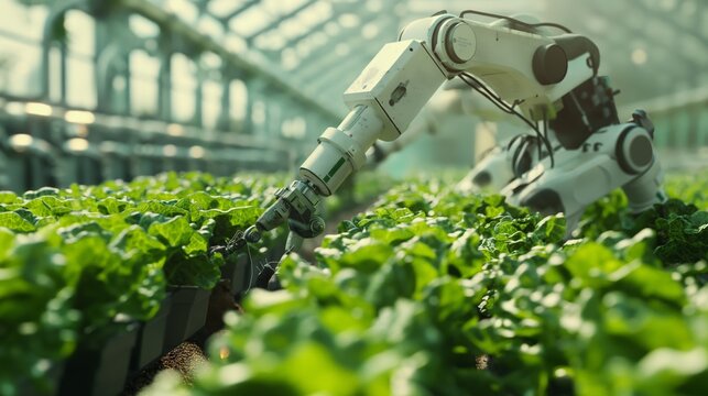 A robotic arm tends to plants in a high-tech greenhouse, showcasing futuristic agriculture technology.