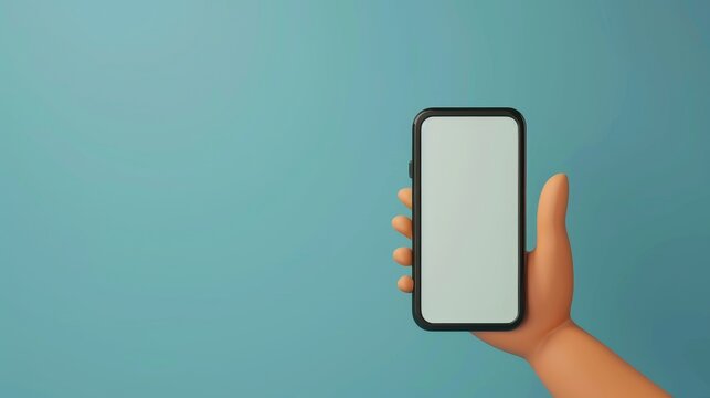 An illustration of a cartoon character holding a black glossy smart phone with a blank screen. The image is isolated on a light blue background.
