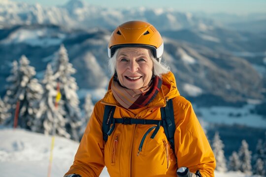 Joyful Senior Woman in Ski Gear Against Mountain View
