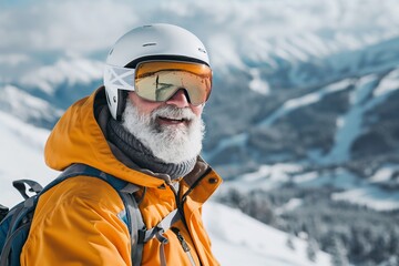 Cheerful white-haired senior man with ski goggles and helmet, ready for skiing. - obrazy, fototapety, plakaty