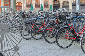 Fototapeta na wymiar Bicycle parking lot in the city.