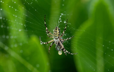 Selective focus shot of a wasp spider on a cobweb with water droplets