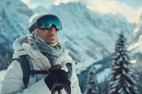 Winter Solitude - Senior Woman Skier in Snowy Mountains
