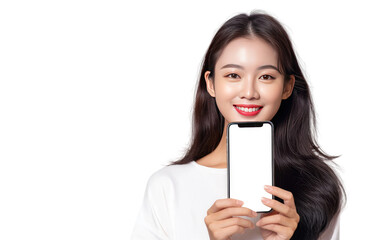 Beautiful Asian Woman with Smartphone, Isolated on White Background, Generative Ai - obrazy, fototapety, plakaty