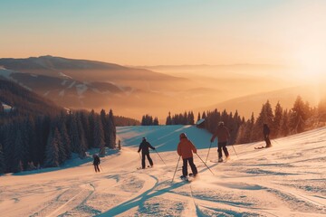 Against the backdrop of a hazy dawn, skiers carve through the snow on a mountain slope, the early sun casting a soft golden light over the picturesque winter landscape.