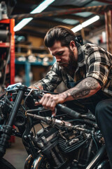 Fototapeta na wymiar A male mechanic working on an American motorcycle