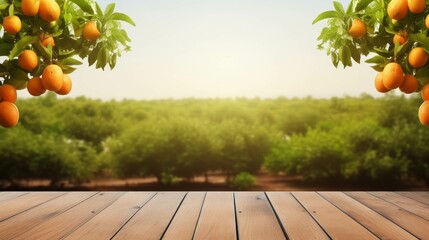 Empty wood table with free space over orange trees, orange field background. For product display montage - generative ai