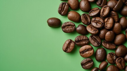 Close-up of a pile of roasted coffee beans isolated on a green background. The beans are dark brown and oily, and they are scattered in a random pattern. The background is a solid green color.