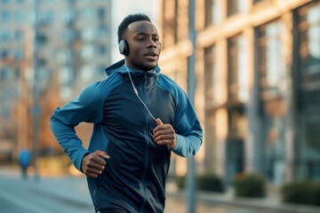 Focused Runner with Headphones in the City