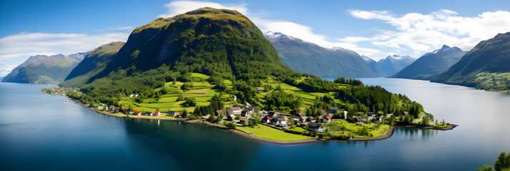 Serene Panoramic View of a Nordic Fjord Amidst Lush Greenery Under a Blue Sky - obrazy, fototapety, plakaty