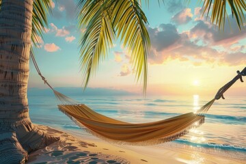 Tropical island escape. palm tree, hammock, and sea view - relaxing vacation paradise retreat - obrazy, fototapety, plakaty