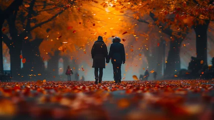 Rolgordijnen Couple walking hand in hand on a leaf-strewn path with autumn trees and warm sunset light in the background. © amixstudio