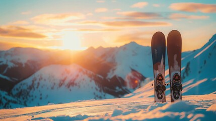 Alpine Skis at Sunrise on Snowy Mountain