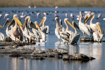 Flock of Pelicans gathered together in a shallow body of water