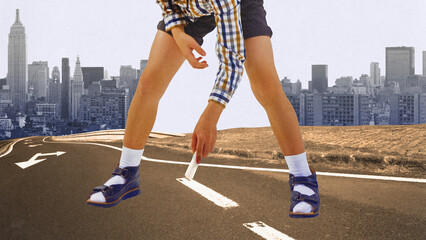 Giant child in blue shoes drawing line on road. Pedestrian safety and awareness in urban areas....