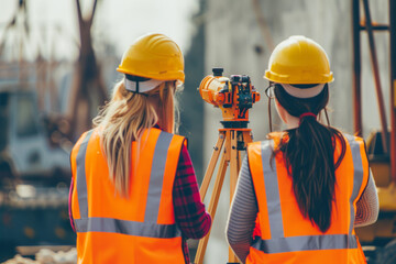 Two female engineers surveying for a startup and launching a new project. Concept of building and construction - obrazy, fototapety, plakaty