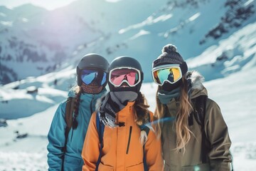 Three friends in winter attire share a bond amidst the snowy mountainscape. - obrazy, fototapety, plakaty