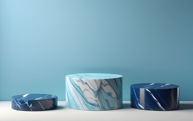 Cylindrical blue textured marble podium on blue background. marble stand display platform mockup