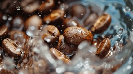A captivating slow-motion scene of coffee beans cascading gracefully from a glass bowl as water gently splashes, forming a mesmerizing display against a sleek black backdrop.