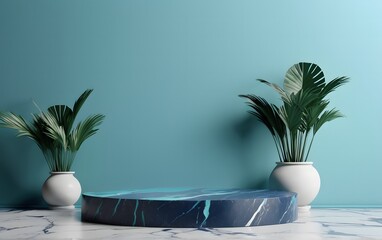 Podium background 3D blue marble stand display platform mockup. Stone podium blue scene background. product stage presentation plant rock leaf. abstract 3D render 