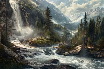 Tuinposter Serene forest streams and waterfalls cascading through picturesque mountain gorges © Sergej Gerasimov