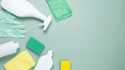 Various accessories cleaning products, sprays, rags, sponges. Top view, flat lay, copy space