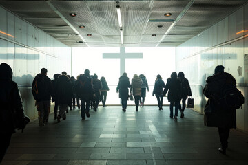 People walking towards a large, bright cross passage